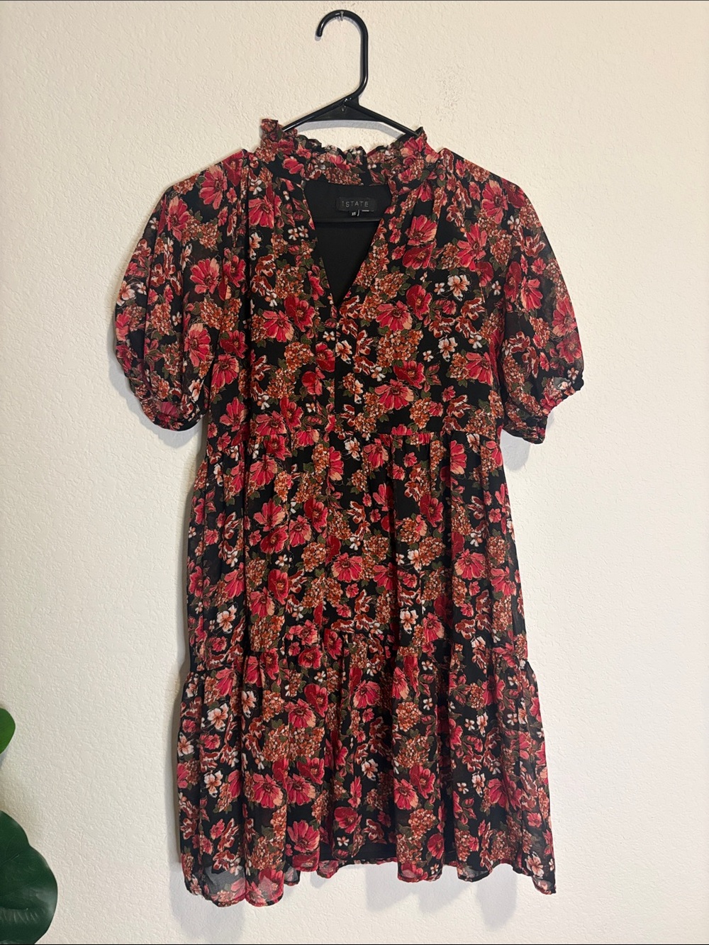 1. State Black Mini babydoll Dress with Red Floral Print XS